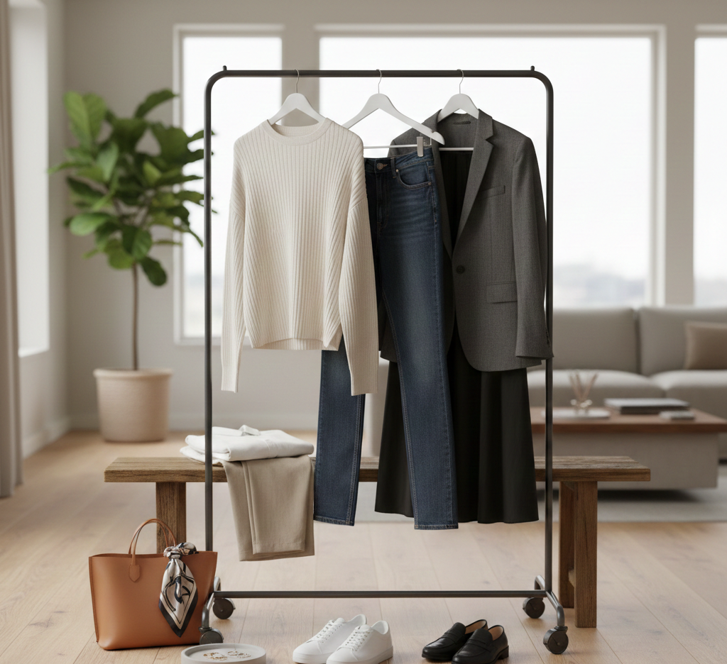 Curated wardrobe essentials featuring versatile clothing pieces